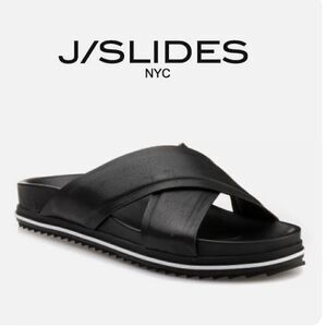 J/Slides OLIVIA Black Leather Crisscross White Stripe Slide Sandals